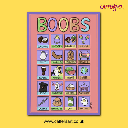 Boobs A4 Art Print. Cartoon drawings of alternative names for breasts