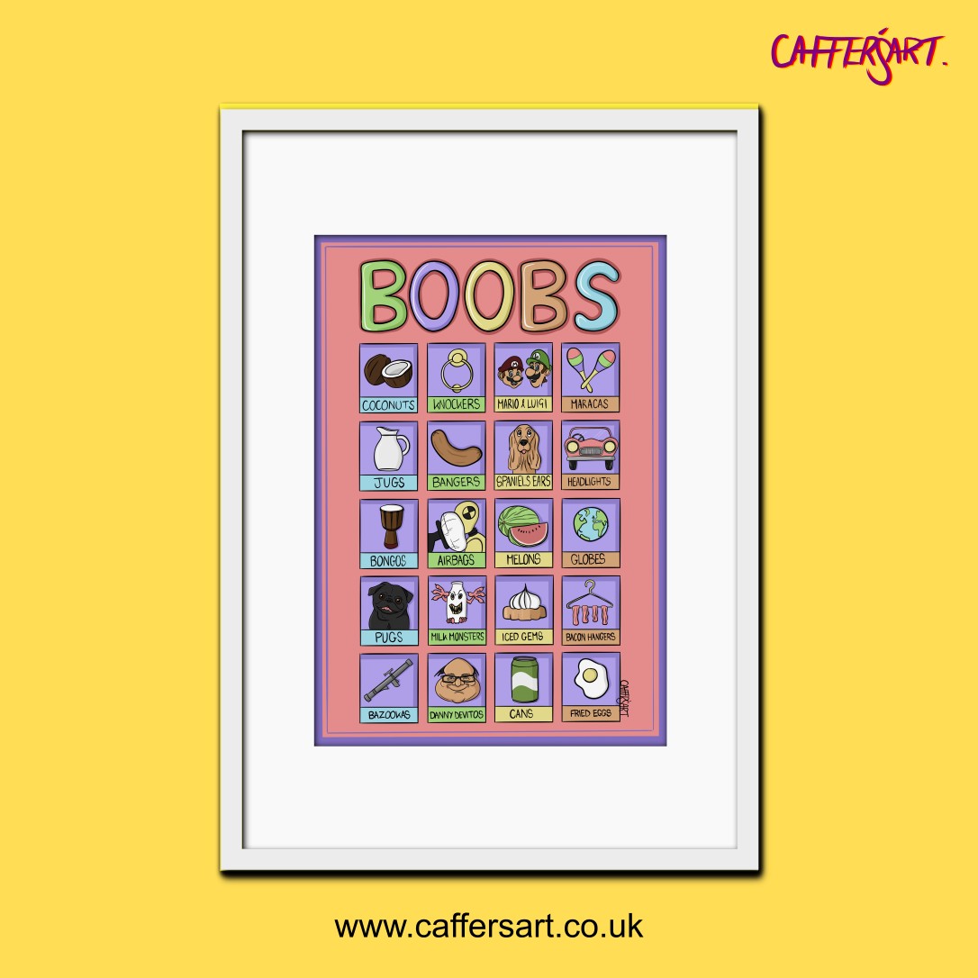 Framed Boobs A4 Art Print. Cartoon drawings of alternative names for breasts