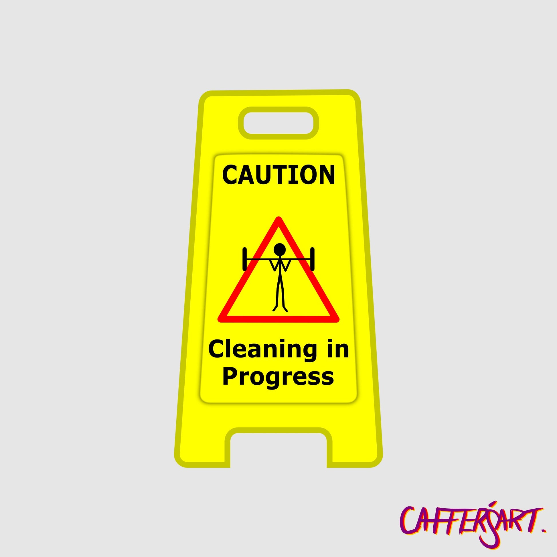 Sticker of a yellow cleaning sign with a man doing clean with a barbell