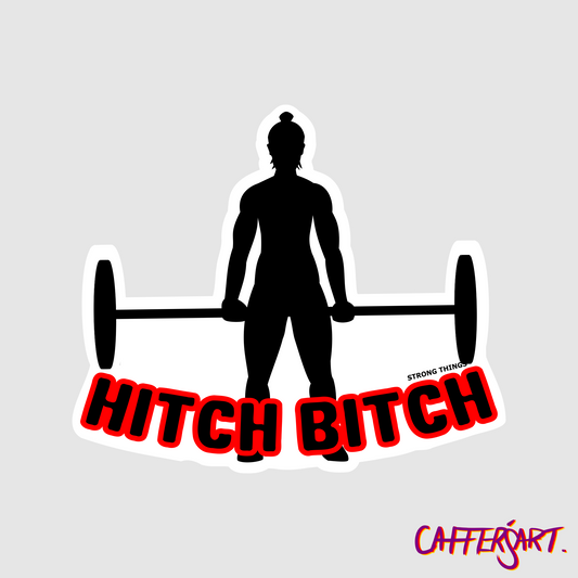 Strongwoman lifting apollons wheel with Hitch Bitch text