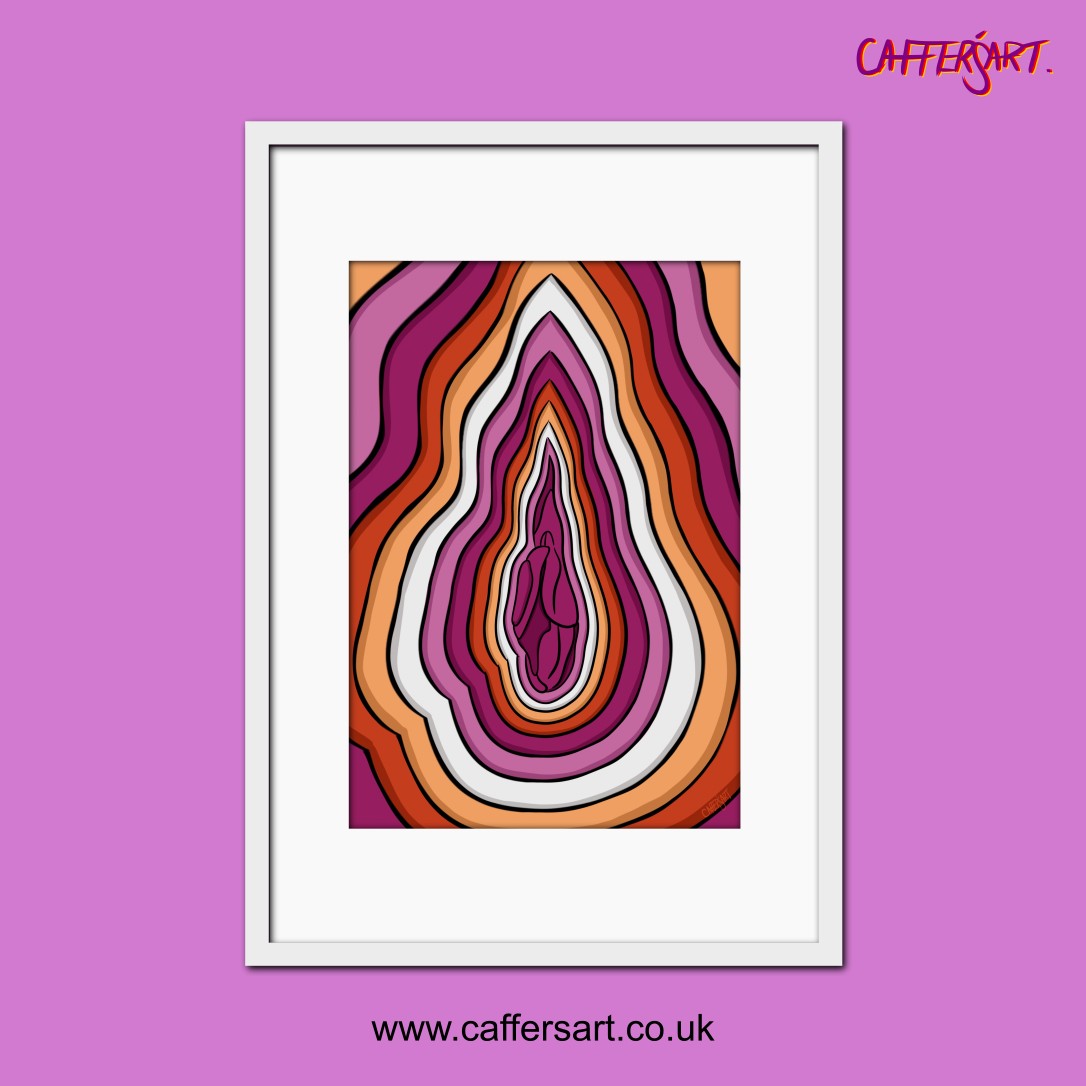 Lesbian Vulva art print, white, pink and orange