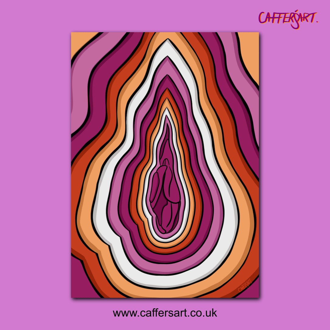 Lesbian Vulva art print, white, pink and orange