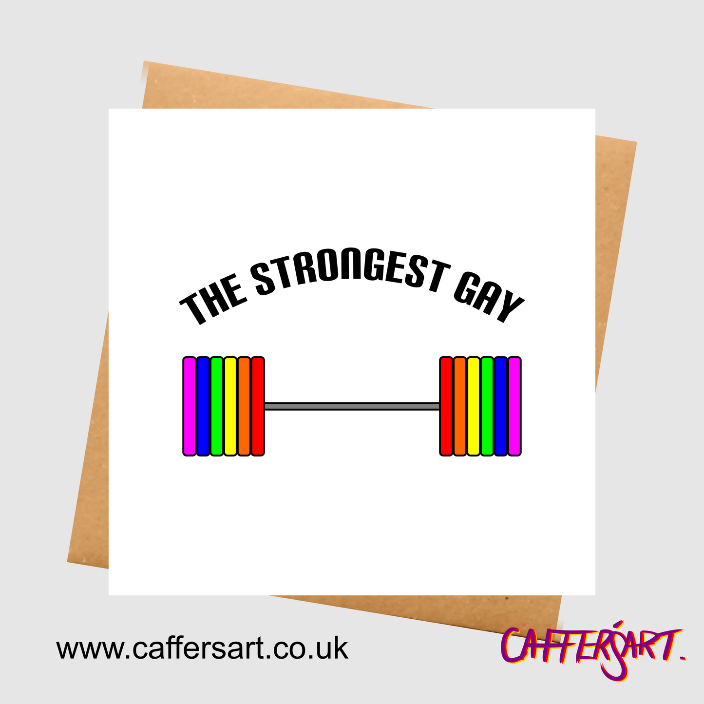 The strongest gay greeting card with a cartoon rainbow barbell