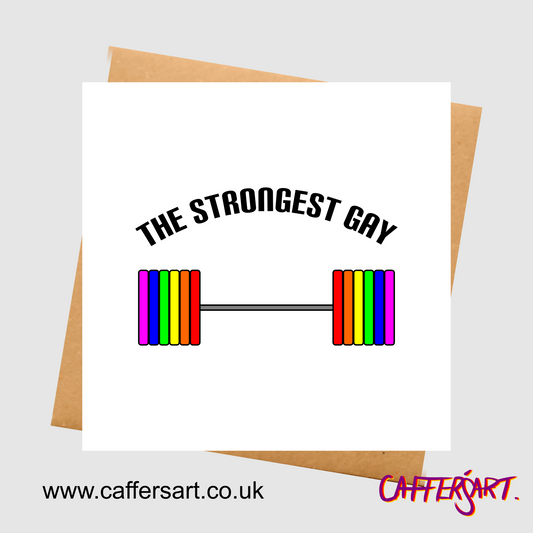 The strongest gay greeting card with a cartoon rainbow barbell